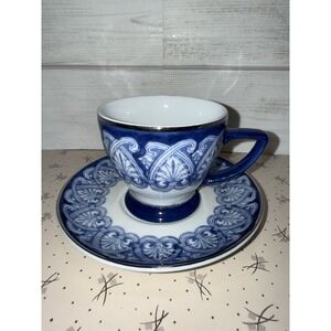 Bombay Company Arabesque Tile Cobalt Blue White Platinum Trim Tea Cup Saucer Set